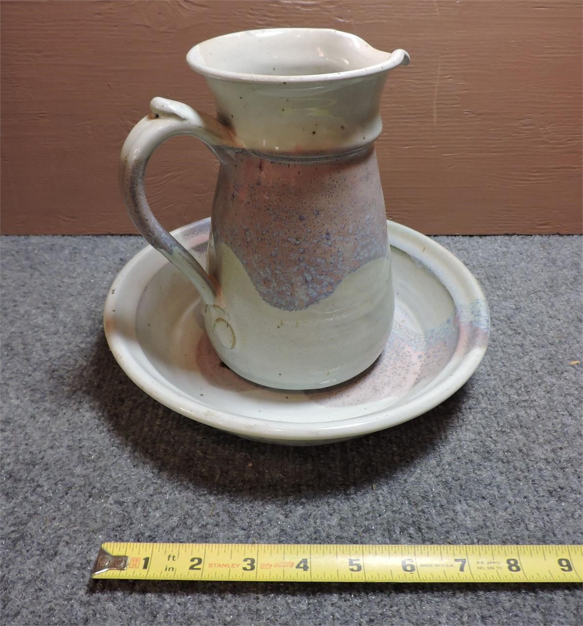Clay Pottery, Wash Basin And Pitcher