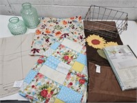 Nice Lot of Pretty Tables Cloths, Baskets & Vases