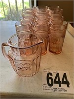 Pink Depression Glass Pitcher With 6 Glasses &