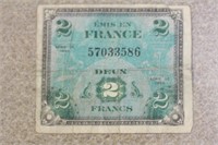 1944 World War II 2 Franc Note