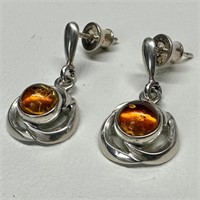 Pair of Sterling Amber Cabochon Earrings