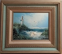 Vintage Framed Seashore Original Oil On Canvas