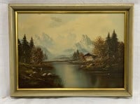 Framed Oil Painting of Cabin/Wilderness by Tess