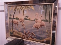 1940s era print of flamingoes in frame with