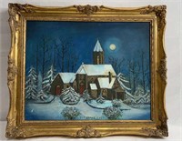 Vintage Christmas Eve Church Painting On Canvas