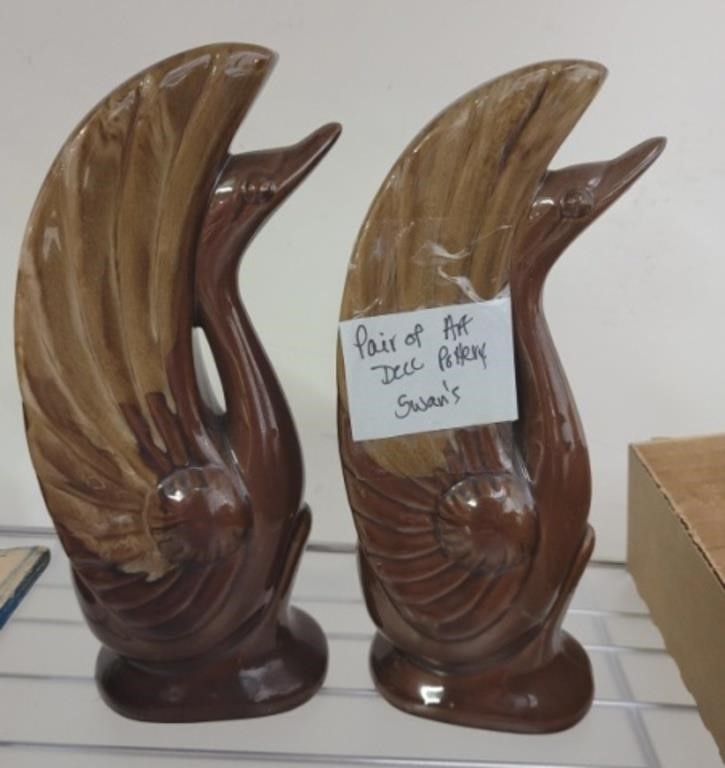 PAIR OF ART DECO POTTERY SWANS