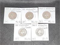Lot of 5 Silver Washington Quarters: 1944, 1944