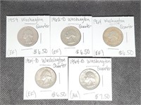 Lot of 5 Silver Washington Quarters: 1959, 1962