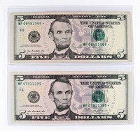 (2) x **STAR NOTE** $5 US FEDERAL RESERVE NOTES