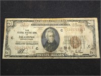 1929 $20 Philadelphia National US paper money