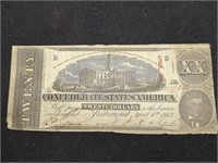 1863 Confederate States of America $20 paper money