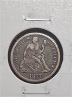 1877-CC Seated Liberty Silver Dime coin marked VF