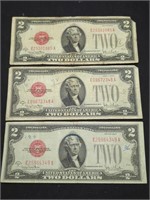 Three 1928 $2 Red Seal US paper money bills