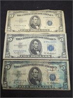 Three 1953 $5 Silver Certificate US paper money