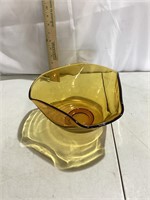Vintage Amber Tri-Top Folded Glass Bowl