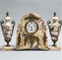 French Belle Époque alabaster marble clock set