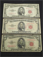 Three 1953 $5 Red Seal US paper money bills