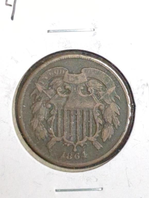 1864 Two Cent Piece Coin marked VF