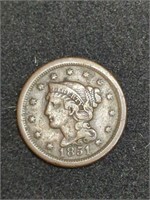 1851 Braided Hair Large Cent Coin marked Fine