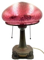 Antique Brass Cranberry Iridescent Satin Lamp