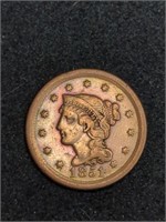 1851 Braided Hair Large Cent Coin marked VF