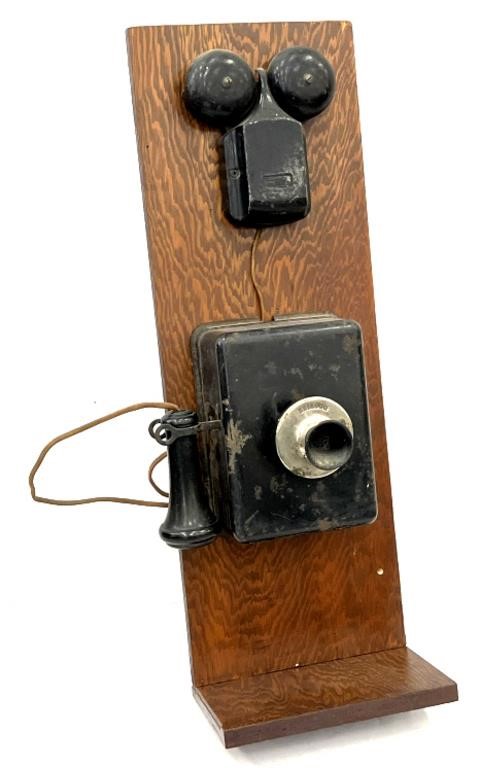 Antique Oak Kellogg Wood Hanging Wall Telephone