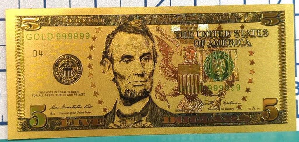 24K gold plated US banknote $5