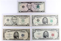 (5) x DIFFERENT US $5 BANK NOTES