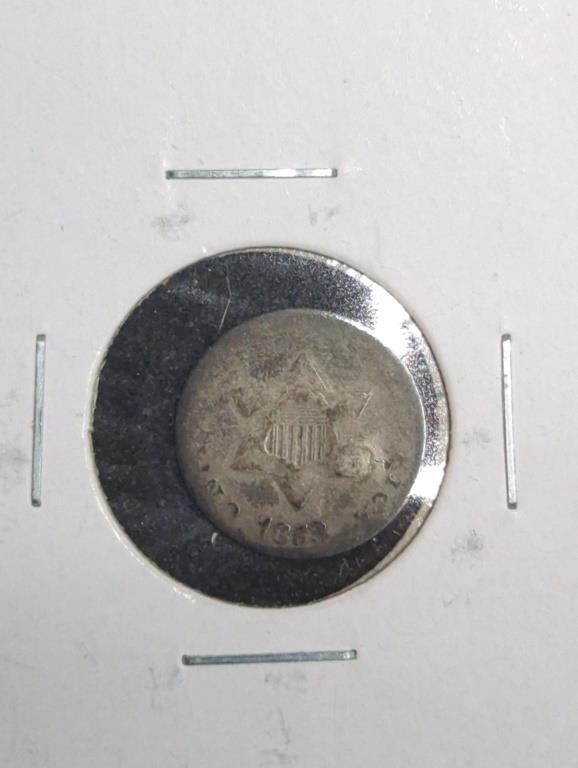 1853 Silver Three Cent Piece coin marked AG / G