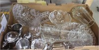 TRAY OF CUT GLASS, STEMS, SILVER PLATED