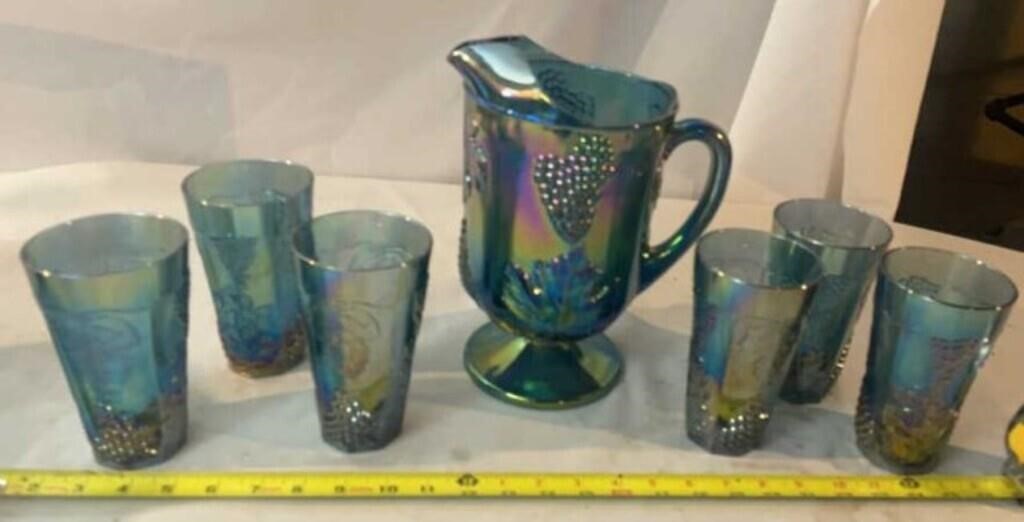 Indian Carnival Glass Pitcher w 6 Glasses