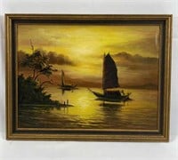 Oil Painting of Sunset/Fishing Boat Scene
