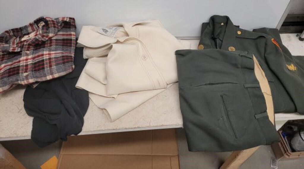 TRAY OF CLOTHING AND UNIFORMS