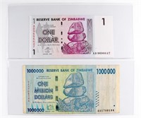 (2) x ZIMBABWE BANK NOTES $1 MILLION AND $1 DOLLAR
