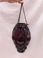 Purple blown glass vase in metal frame w/ hanging