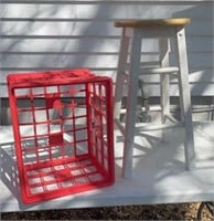 Wooden 24 inch stool, plastic crate