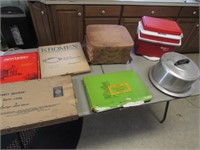 cooler,cake holder,picnic basket & items