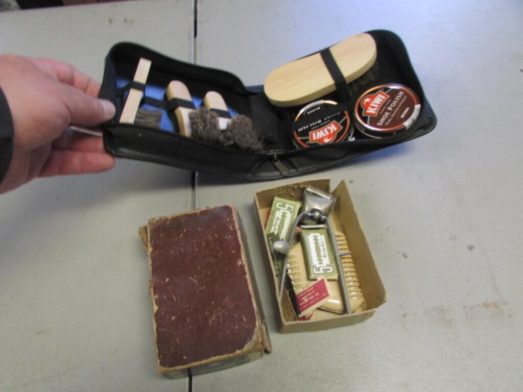 old barber hair clippers w/box & shine kit
