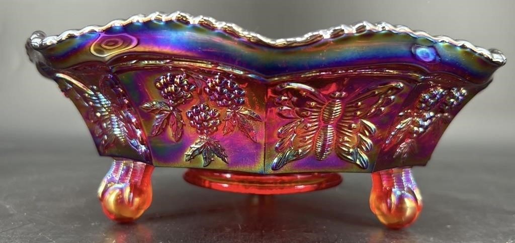 Fenton Ruby Carnival Butterfly Berry Footed Bowl