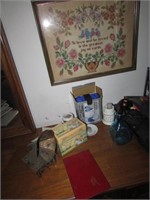 music box,old needlepoint picture & items