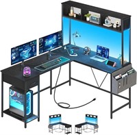 L Shaped Gaming Desk w LED Strip  Power Outlet Bl