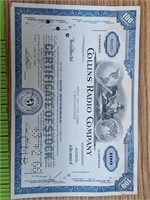 Collins radio stock certificate