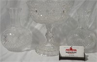 TWO 8" CUT GLASS VASES + 9" CANDY DISH