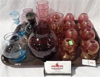 COLORED GLASS LOT W/ LAMPSHADES & MORE