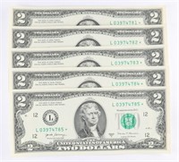 **STAR NOTE** (5) x NEW CONSECUTIVE $2 BILL NOTES