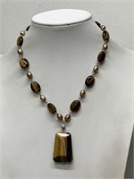 STERLING SILVER,PEARL & TIGERS EYE NECKLACE