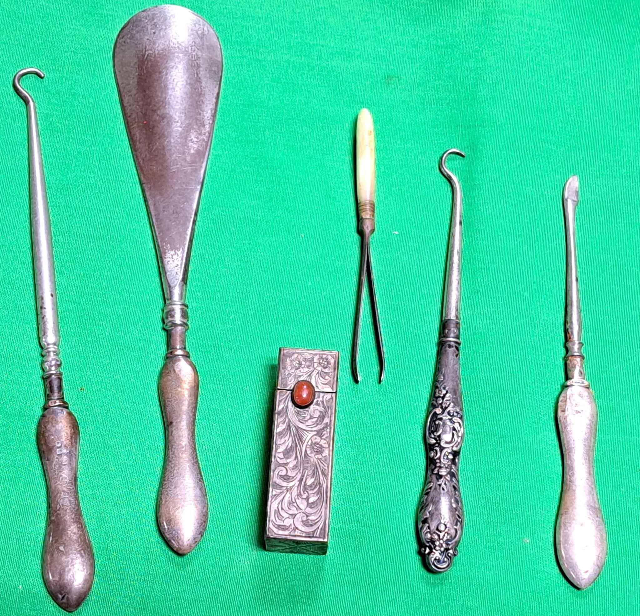 2 ANTIQUE BUTTON HOOKS LIPSTICK TUBE & SHOEHORN