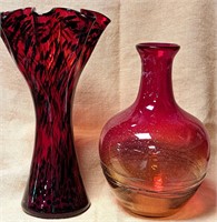 PRETTY ART GLASS VASES RED & ORANGE & BLACK & RED