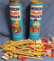 2 TUBE AMERICAN PLASTIC BRICK CANS & WOOD TOYS