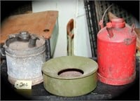Three vintage Gas Cans & Spitoon